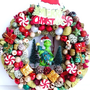 Karácsonyi ajtódísz fenyőfás grinccsel, Karácsony, Adventi díszek, Adventi ajtódísz, Virágkötés, MESKA