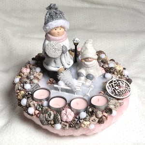 Rózsaszín adventi koszorú asztaldísz dekoráció gyerekekkel - LED világítással - Meska.hu