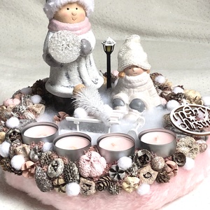 Rózsaszín adventi koszorú asztaldísz dekoráció gyerekekkel - LED világítással - karácsony - adventi díszek - adventi koszorú - Meska.hu