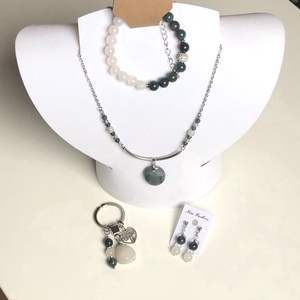 Mohaachát és fehér (béke) achát garnitúra - nyaklánc, karkötő, fülbevaló és kulcstartó - ékszer - ékszerszett - Meska.hu