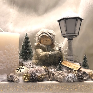 Adventi asztali dísz fa alapban kerámia dísszel, világító - karácsony - adventi díszek - adventi asztaldísz - Meska.hu