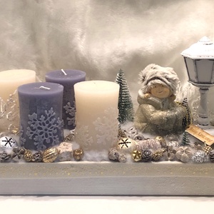 Adventi asztali dísz fa alapban kerámia dísszel, világító, Karácsony, Adventi díszek, Adventi asztaldísz, Virágkötés, MESKA