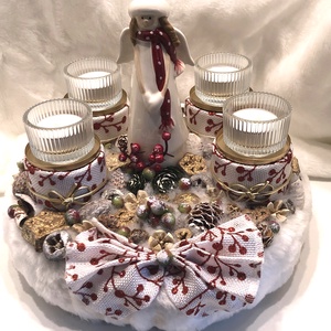 Adventi koszorú mécsesekkel, kerámia angyalkával - karácsony - adventi díszek - adventi koszorú - Meska.hu