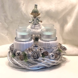 Kis méretű ezüst - menta adventi koszorú mécsesekkel, Karácsony, Adventi díszek, Adventi koszorú, Virágkötés, MESKA