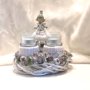 Kis méretű ezüst - menta adventi koszorú mécsesekkel - karácsony - adventi díszek - adventi koszorú - Meska.hu