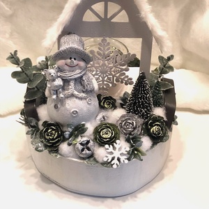 Adventi és karácsonyi hóemberes asztaldísz mécsessel, Karácsony, Adventi díszek, Adventi asztaldísz, Virágkötés, MESKA