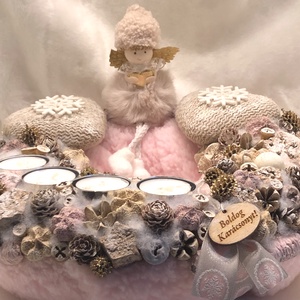 Rózsaszín adventi koszorú textil angyalkával, mécsesekkel - karácsony - adventi díszek - adventi koszorú - Meska.hu