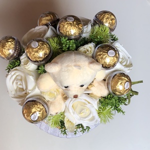 Ovis ballagási csokor plüss macival, csokival (Ferrero Rosé) - otthon & életmód - virágdekoráció - virágok - virágcsokor - Meska.hu