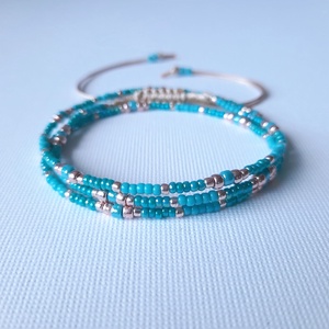 Türkiz 3 soros, viaszolt zsinóros karkötő, Ékszer, Karkötő, Gyöngyös karkötő, Ékszerkészítés, Gyöngyfűzés, gyöngyhímzés, MESKA