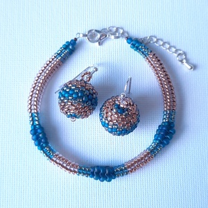 Kékeszöld szivárványos színek és réz, gyöngyös karkötő + fülbevaló szett, Ékszer, Ékszerszett, Ékszerkészítés, Gyöngyfűzés, gyöngyhímzés, MESKA