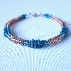 Kékeszöld szivárványos színek és réz, gyöngyös karkötő + fülbevaló szett - ékszer - ékszerszett - Meska.hu