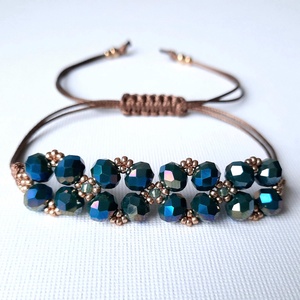 Sötétzöld csiszolt üveg, viaszolt zsinóros karkötő + fülbevaló szett - ékszer - ékszerszett - Meska.hu