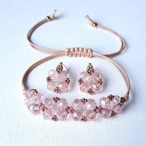 Rózsaszín, szivárványos csillogású csiszolt üveg, viaszolt zsinóros karkötő + fülbevaló szett - Meska.hu