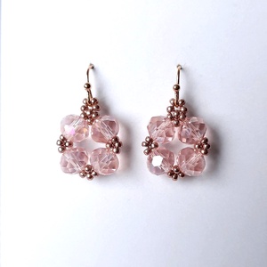 Rózsaszín, szivárványos csillogású csiszolt üveg, viaszolt zsinóros karkötő + fülbevaló szett - ékszer - ékszerszett - Meska.hu