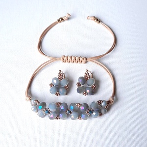 Lilásszürke csiszolt üveg, viaszolt zsinóros karkötő + fülbevaló szett - Meska.hu