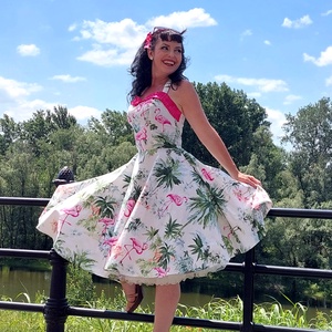 Folk Rockabilly ruha flamingo és palma mintás fodorral LIMITÁLT  - ruha & divat - női ruha - ruha - Meska.hu