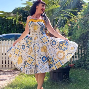 Pinup Rockabilly ruha,  citrom és azulejo portugál marokkói csempe mintás , Ruha & Divat, Női ruha, Ruha, Varrás, Meska