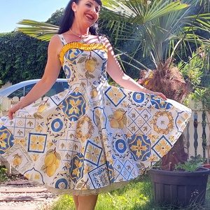 Pinup Rockabilly ruha,  citrom és azulejo portugál marokkói csempe mintás  - ruha & divat - női ruha - ruha - Meska.hu