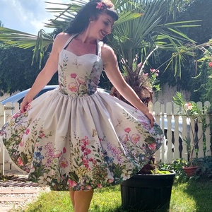 Rockabilly, pinup ruha mezei virágos bordürös pillangós - ruha & divat - női ruha - ruha - Meska.hu