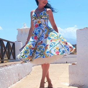 Pinup Rockabilly ruha, majolica, azulejo csempe mintás , Ruha & Divat, Női ruha, Ruha, Varrás, MESKA