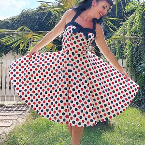 Pinup Rockabilly ruha kék piros pöttyös , Ruha & Divat, Női ruha, Ruha, Varrás, MESKA
