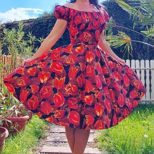 Pinup Rockabilly ruha tulipan mintás,  romantikus puffos ujjú  , Ruha & Divat, Női ruha, Ruha, Varrás, MESKA