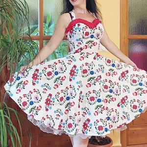 Folk Rockabilly ruha, kalocsai mintás fehér  - ruha & divat - női ruha - ruha - Meska.hu