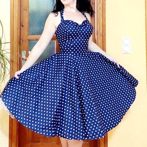 Pinup Rockabilly ruha navy kék pöttyös  - Meska.hu