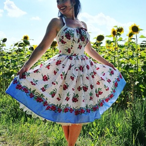 Pinup Rockabilly ruha,  LIMITÁLT apró cseresznye mintás, cseresznyés  bordűrös, Ruha & Divat, Női ruha, Ruha, Varrás, MESKA