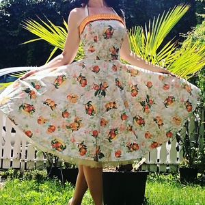 Pinup Rockabilly ruha, gyümölcs mintás, narancs, citrom, banán, trópusi virágos, Ruha & Divat, Női ruha, Ruha, Varrás, MESKA