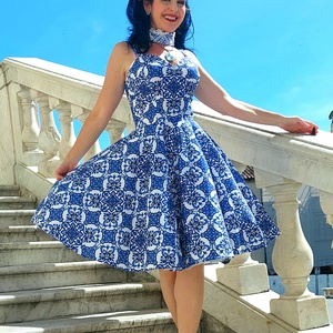 Pinup Rockabilly ruha, kék majolica, azulejo csempe mintás , Ruha & Divat, Női ruha, Ruha, Varrás, MESKA