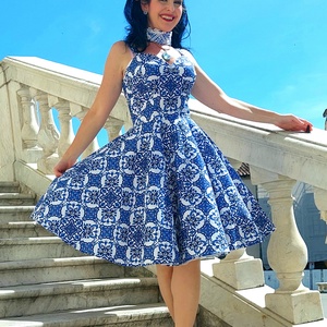 Pinup Rockabilly ruha, kék majolica, azulejo csempe mintás , Ruha & Divat, Női ruha, Ruha, Varrás, MESKA