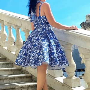 Pinup Rockabilly ruha, kék majolica, azulejo csempe mintás  - ruha & divat - női ruha - ruha - Meska.hu