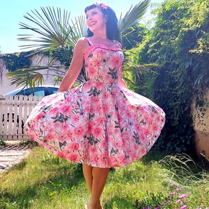 Rockabilly, pinup ruha rózsaszín Nárcisz mintás  - ruha & divat - női ruha - ruha - Meska.hu