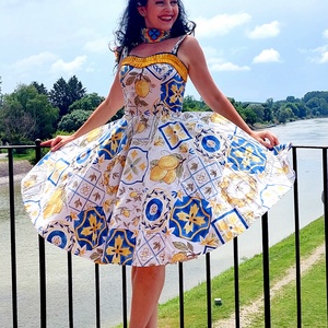 Pinup Rockabilly ruha,  citrom és azulejo portugál marokkói csempe mintás , Ruha & Divat, Női ruha, Ruha, Varrás, MESKA
