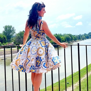 Pinup Rockabilly ruha,  citrom és azulejo portugál marokkói csempe mintás  - ruha & divat - női ruha - ruha - Meska.hu