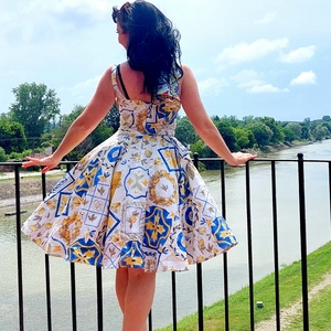 Pinup Rockabilly ruha,  citrom és azulejo portugál marokkói csempe mintás  - ruha & divat - női ruha - ruha - Meska.hu