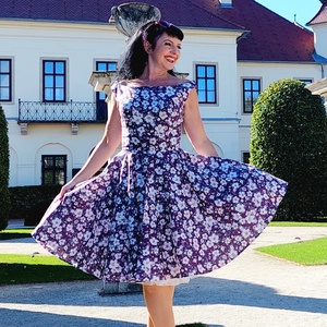 Rockabilly Pinup ruha, burgundi alapon cseresznye virág, sakura, Ruha & Divat, Női ruha, Ruha, Varrás, MESKA