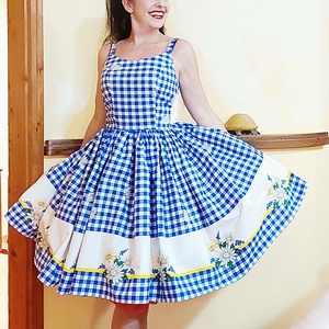Pinup Rockabilly ruha kék fehér kockás,  százszorszép bordűrös,  country, romantikus  - ruha & divat - női ruha - ruha - Meska.hu