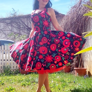Folk Rockabilly ruha, kalocsai mintás fekete, menyecske, népi mintás , Ruha & Divat, Női ruha, Ruha, Varrás, MESKA