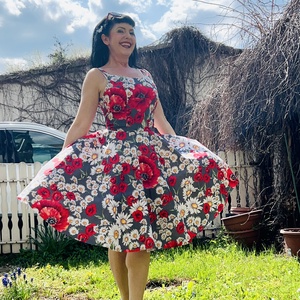 Pinup Rockabilly ruha pipacs és százszorszép margarétamintás, pipacsos virágos , Ruha & Divat, Női ruha, Ruha, Varrás, MESKA