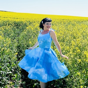 Pinup Rockabilly ruha, látványos felhő, kék ég mintával tavasz - ruha & divat - női ruha - ruha - Meska.hu