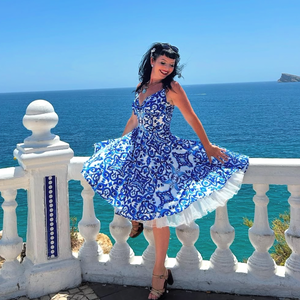 Pinup Rockabilly ruha, kék majolika csempe azulejo mailoca, csempe mintás , Ruha & Divat, Női ruha, Ruha, Varrás, MESKA