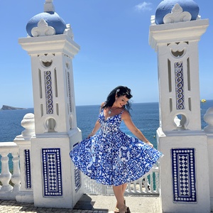 Pinup Rockabilly ruha, kék majolika csempe azulejo mailoca, csempe mintás  - ruha & divat - női ruha - ruha - Meska.hu