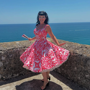 Pinup Rockabilly ruha, piros majolika csempe azulejo mailoca, csempe mintás , Ruha & Divat, Női ruha, Ruha, Varrás, MESKA