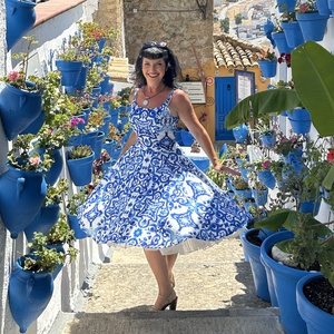 Pinup Rockabilly ruha, kék majolika csempe azulejo mailoca, csempe mintás  - ruha & divat - női ruha - ruha - Meska.hu