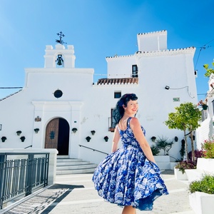 Pinup Rockabilly ruha, madaras virágos, porcelán mintás sötétkék tavasz - ruha & divat - női ruha - ruha - Meska.hu