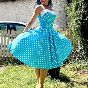 Pinup Rockabilly ruha kék pöttyös  - Meska.hu