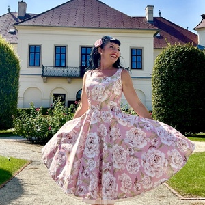 Folk Rockabilly ruha, rózsa mintás szatén, koszorúslány, menyecske, népi mintás  - ruha & divat - női ruha - ruha - Meska.hu