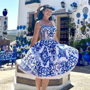 Pinup Rockabilly ruha, kék majolika csempe azulejo mailoca, csempe mintás  - Meska.hu